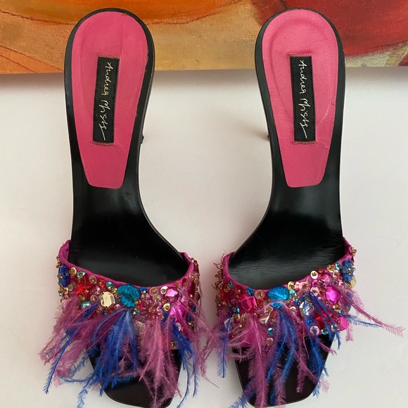 Andrea Fuchsia Feather Embellished Sandal Size 38 Italy - Picture 7 of 8